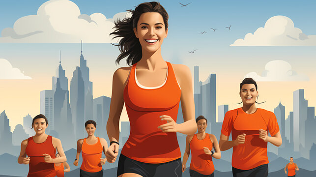 Happy young woman running so fast, illustration of beautiful sunny day sport outdoor