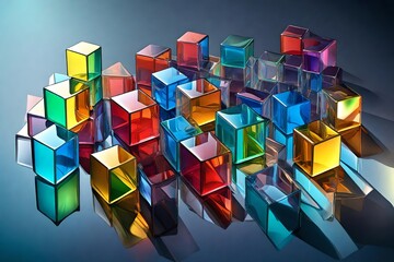 Immerse yourself in the vibrant world of 3D design with a set of transparent glossy cubes featuring a dispersion effect. - obrazy, fototapety, plakaty