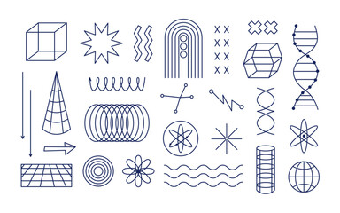 Abstract geometric Y2k shapes and figures. Futuristic minimalist elements. Retro line art.