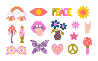 Retro groovy stickers and doodles. Good vibes. Rainbow, psychedelic mushrooms, groovy flowers, eyes, butterfly, hypnotic heart.