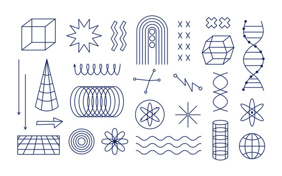 Abstract geometric Y2k shapes and figures. Futuristic minimalist elements. Retro line art.