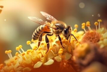 a honey bee is working hard and pollinating flowers. generative ai