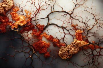Digital art of neural-like branching structures in gold and red on a marbled backdrop, resembling biological networks