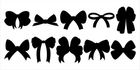 Silhouetted Hand Drawn Ribbon Bow Collection. Black Color Shape Perfect for Subtle Decorations. Vast Set of Stylish Bowties.