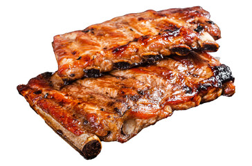 Stack of grilled pork ribs in BBQ sauce on a chopping board.  Transparent background. Isolated.