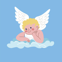 Adorable angel boy with wings sitting on cloud