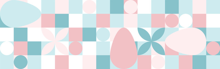 Seamless background pattern for the spring holiday of Easter with a texture of circles and squares. Mosaic with geometric shapes, pastel colored background with eggs.