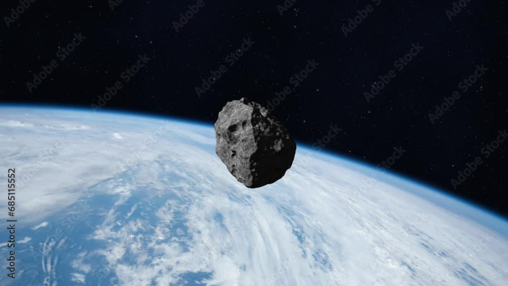 Poster the asteroid falls to earth. asteroid on a collision course with planet earth. 4k video. elements of