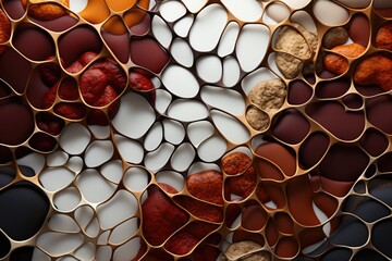 Abstract 3D network of interlinked cells in shades of brown, cream, and red, creating a textured,...