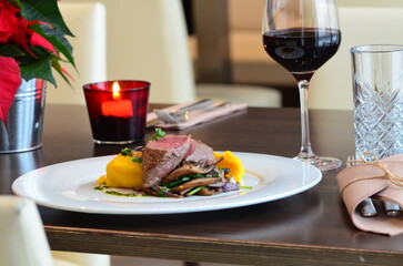 close up view beef steak with pure 