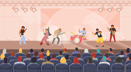 Rock band performing concert on stage vector illustration - obrazy, fototapety, plakaty