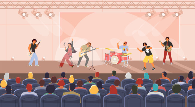 Rock band performing concert on stage vector illustration