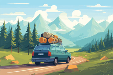 Family car trip in countryside, hills, mountains, holiday vacation, travel, vector illustration - obrazy, fototapety, plakaty