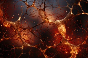 Microscopic view of branching neurons or coral structures glowing in amber tones against a dark background