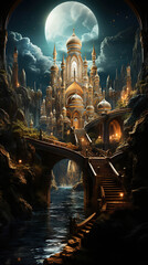 Golden Domes of Wonder: A Fantasy City by a Blue River - obrazy, fototapety, plakaty