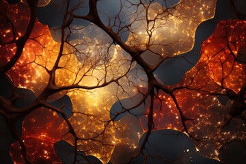 Microscopic view of branching, fiery neural pathways with glowing nodes, set against a warm backdrop