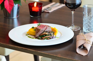close up view beef steak with pure 