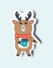 Deer of winter set in sticker design. Christmas spirit is creating by adorning space with a colorful sticker depicting an endearing and cute holiday deer. Vector illustration.