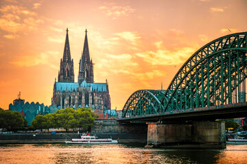 Koln Germany city skyline, Cologne skyline during sunset , Cologne Hohenzollern bridge with cathedral Germany Europe Europe - obrazy, fototapety, plakaty