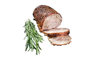 Baked pork roulade  Porchetta, rolled pork meat on a marble board with herbs.  Transparent...