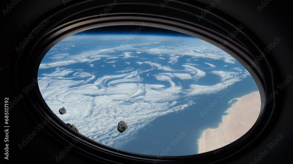 Poster asteroids fly over the earth, as seen from the window of a spaceship. the concept of the end of the 