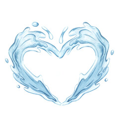 Stream and splash of water in a shape of heart isolated on white background. Watercolor hand drawn illustration. Ocean day. Ecology