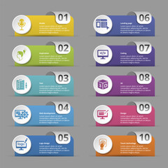 Naklejka premium Infographics with Creative Package theme icons, 10 steps. Such as studio, inspiration, test, web development and more.