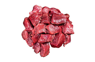 Raw Diced venison dear meat for a goulash, game meat.  Transparent background. Isolated.