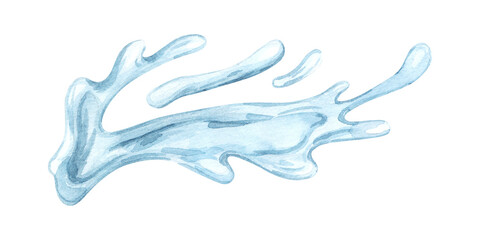Stream and splash of water isolated on white background. Watercolor hand drawn illustration. Ocean day. Ecology