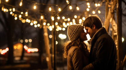 Fototapeta na wymiar A couple sharing a gentle kiss under a canopy of string lights, Valentine’s Day, happy couple, bokeh, love, with copy space