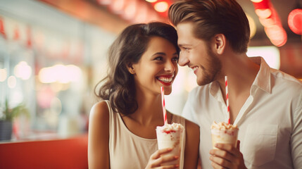 An image of a couple sharing a milkshake in a retro diner, Valentine’s Day, happy couple, bokeh, love, with copy space