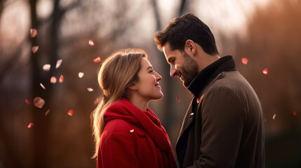 A couple gazing into each other’s eyes, surrounded by nature, Valentine’s Day, happy couple, bokeh, love, with copy space