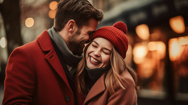 A fun shot of a couple in matching outfits, Valentine’s Day, happy couple, bokeh, love, with copy space