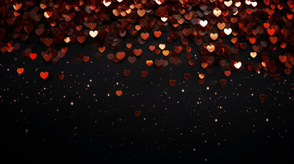 A pattern of small sparkling hearts against a dark backdrop, Valentine’s Day, heart background, with copy space