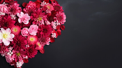A heart-shaped wreath made of red and pink flowers, Valentine’s Day, heart background, with copy space