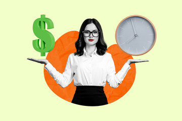 Creative image picture collage of worker lady economist demonstrate clock money limit offer on bank deposit - obrazy, fototapety, plakaty