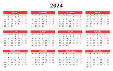 2024 spanish calendar. Simple vector template illustration in Spain. Horizontal