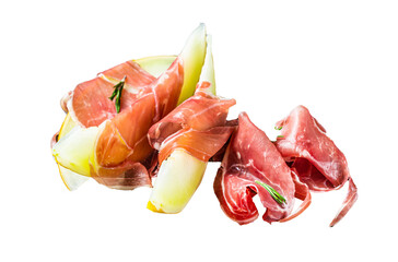 Spanish Tapas Jamon Iberico with goat cheese, melon and honey on a wooden board.  Transparent...