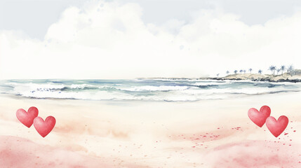 Fototapeta premium A romantic beach scene with hearts in the sand, Valentine’s Day, watercolor style, white background, with copy space