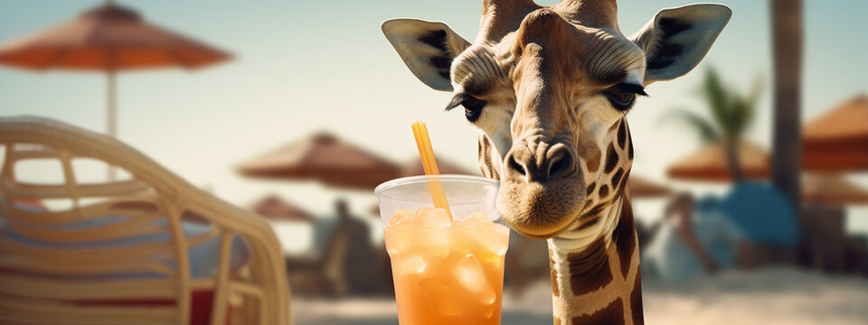 giraffe in glasses on the beach drinking a cocktail.Generative AI
