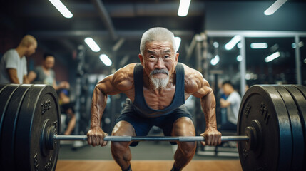 An elderly asian man doing a deadlift in a gym - obrazy, fototapety, plakaty