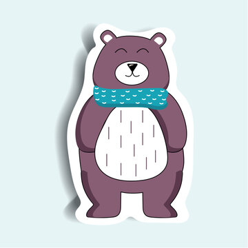Element of winter set in sticker design. This image can add a pop of festive charm to holiday decor with this Christmas sticker featuring a delightful bear character. Vector illustration.
