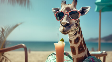 Fototapety  giraffe in glasses on the beach drinking a cocktail.Generative AI