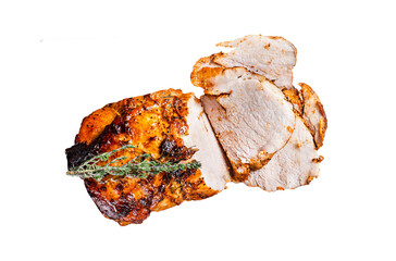 Glazed roast pork roll in wooden tray with herbs.  Transparent background. Isolated.