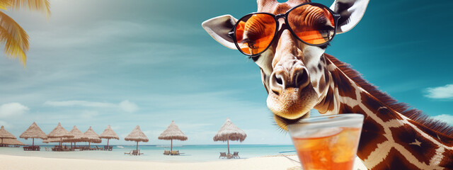 giraffe in glasses on the beach drinking a cocktail.Generative AI - obrazy, fototapety, plakaty