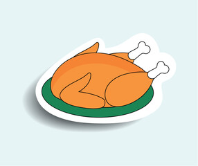 Element of winter set in sticker design. Delicious baked chicken is the main dish for Christmas, just such a sticker will decorate any project. Vector illustration.