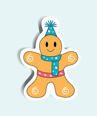 Element of winter set in sticker design. Demonstration of the sweetness on this Christmas sticker adorned with a delightful and colorful gingerbread cookie. Vector illustration.