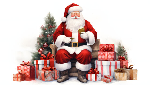 Illustration of a Happy and cute Santa Claus sitting with packed gifts around to be distributed on Christmas, Christmas Santa, Santa Claus image, Christmas Santa background 