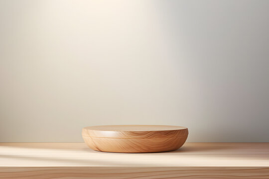 Small empty minimal wooden podest in front of white wall. Product display background