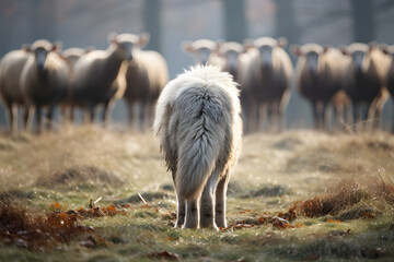 Back view of wild wolf or dog in front of herd of livestock sheep - Powered by Adobe
